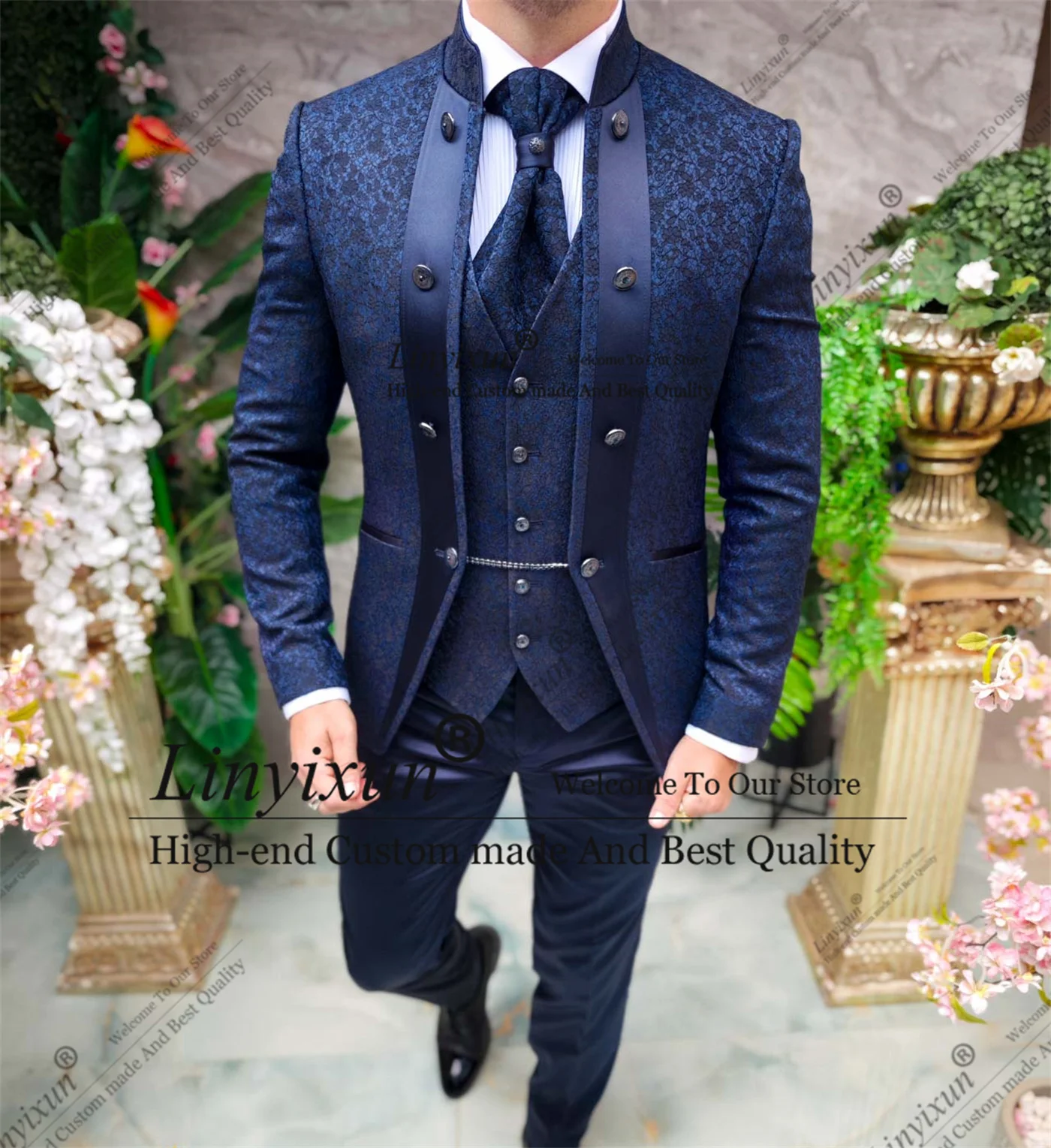 Elegance Jacquard Wedding Suits For Men Tuxedo 3 Pieces Sets Male Groom Prom Blazers Stand Collar Business Costume Homme Marrige