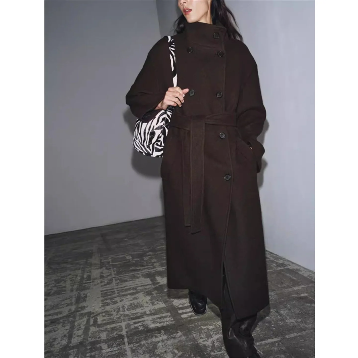 Autumn Winter New Style Women's Commuter Style Long Sleeve Stand Collar Coat with Belt mid Length Windbreaker Outerwear