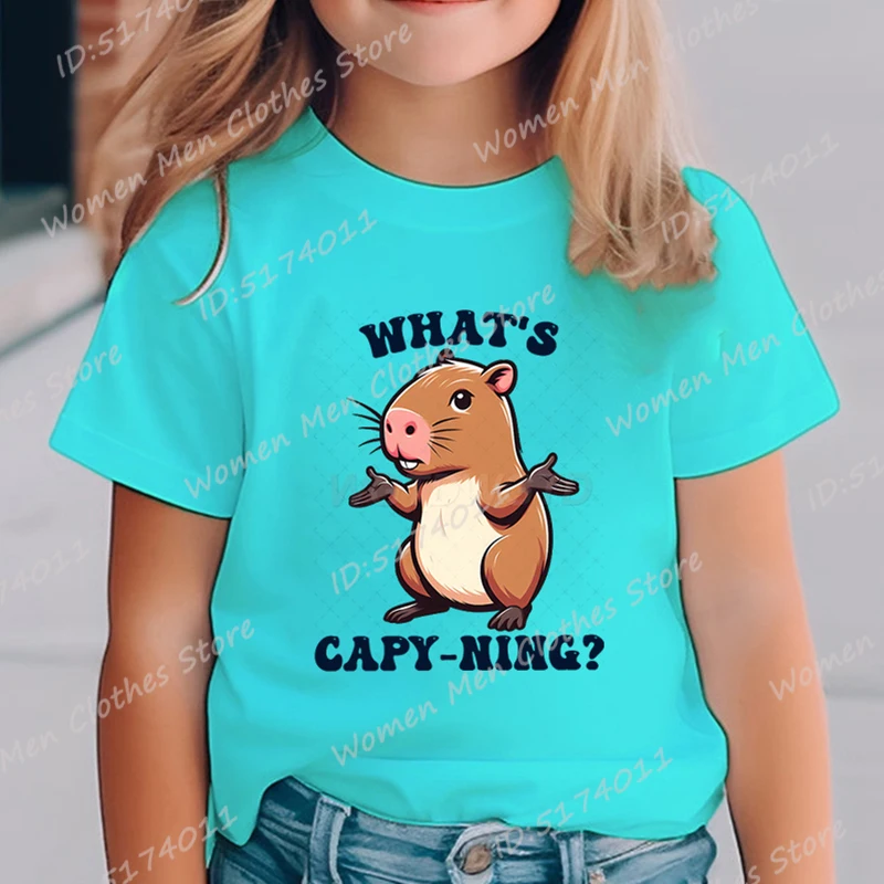 

Cute Cartoon T Shirt Capybara What's Capy-ning Print T-shirt Summer Casual Short Sleeve Crew Neck Tops Girls Children Tee Shirts