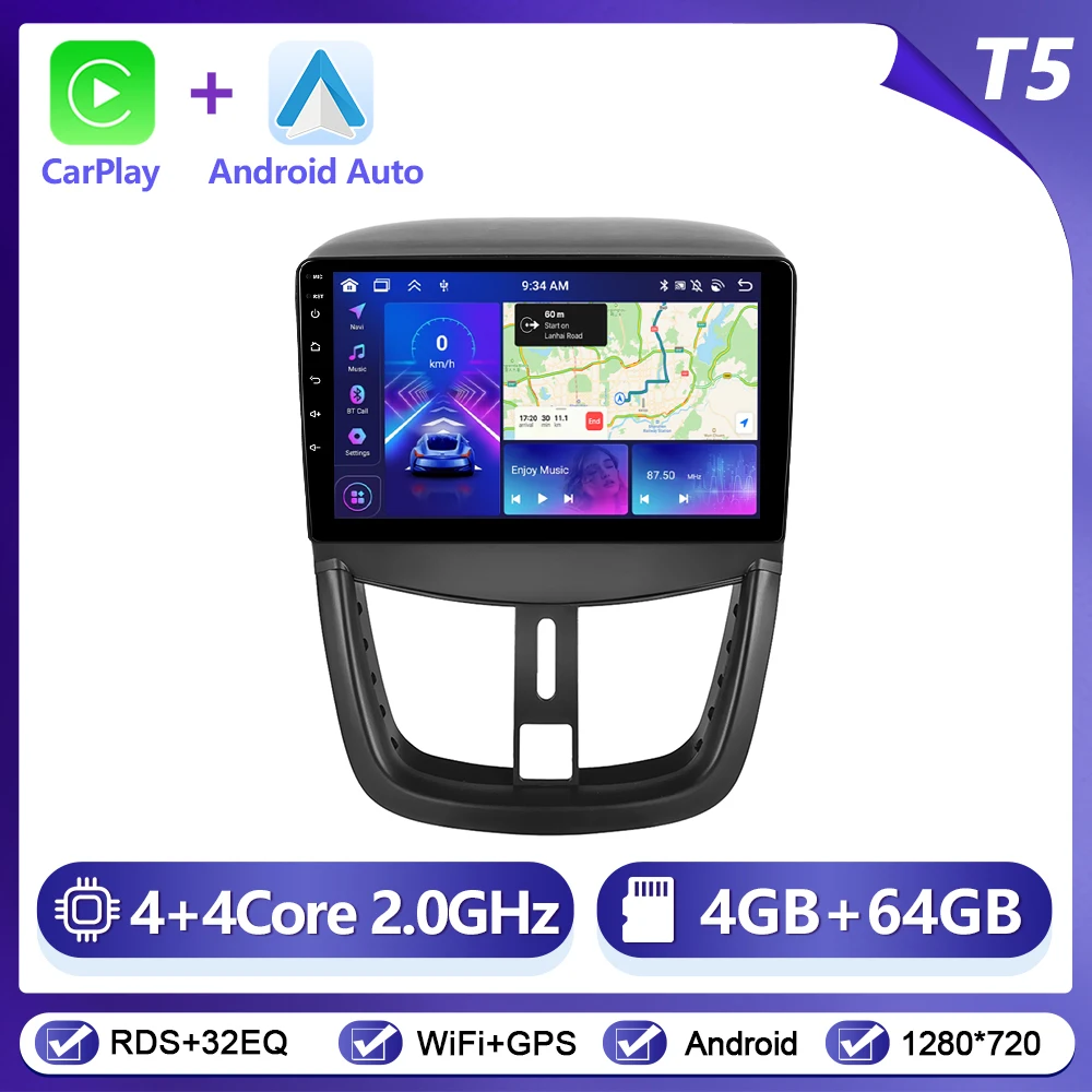 Podofo draadloze CarPlay Android Auto autoradio voor Peugeot 207 2009-2013 GPS navigatie 2Din multimediasysteem autoradio stereo