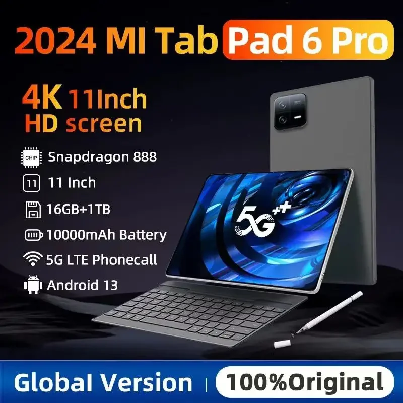 

2024 Original Global Version Pad 6 Pro Tablet PC Snapdragon 888 10000mAh Android 13 RAM 16GB ROM 1TB 5G HD 4K Screen WIFI Mi Tab