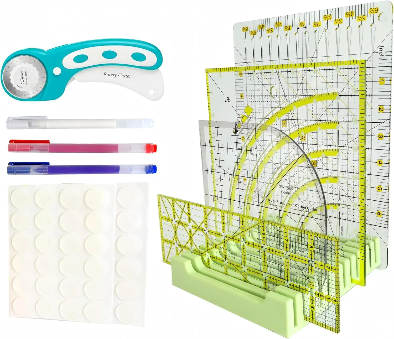 

Complete Quilting Kit with Ruler Holder,Rotary Cutter,Curved Corner Cutter,Circle Cutter,Non-Slip Grip Rings&Heat Erasable Pens