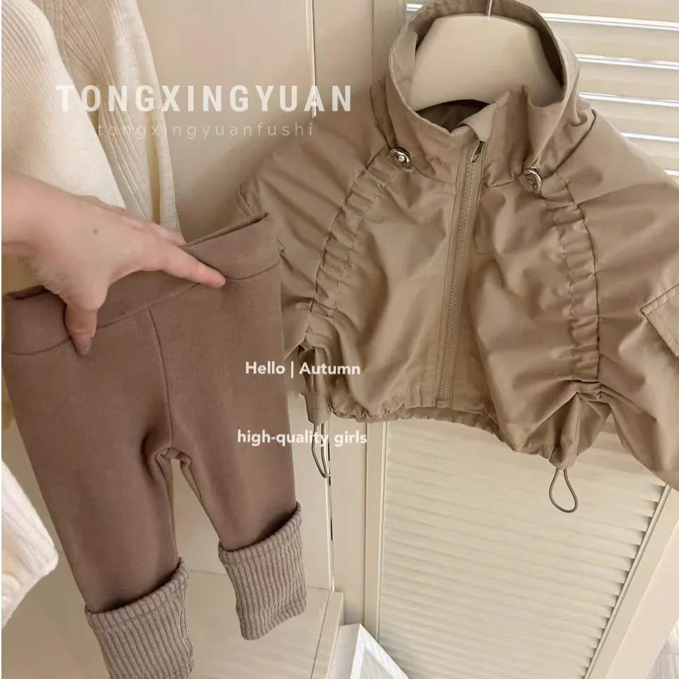 

Girls Spring and Autumn Khaki Jacket Spring and Autumn New Baby Girl Foreign Coffee Leggings Two-piece Set Casual
