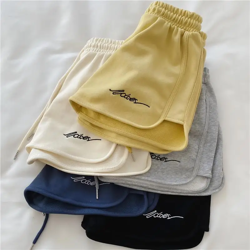 New Women Summer Short Pants Embroidery Letters Drawstrings Elastic Waistband High Waist Shorts Ladies Short Tight Trousers