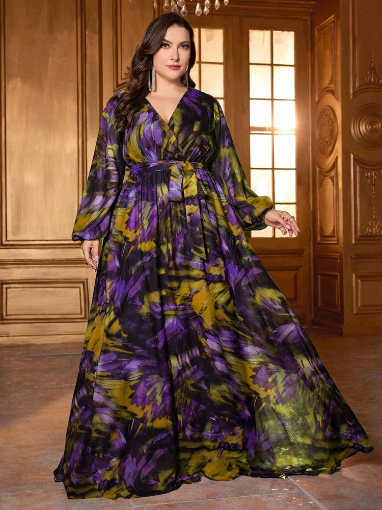 TOLEEN-Women's Elegant V-Neck Party Evening Maxi Dresses, Plus Size, Printed Lantern Sleeves, Long Dress, Luxury, Summer, 2024