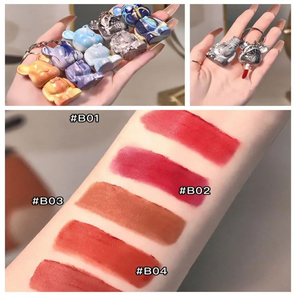 Matte Lipgloss Waterdichte Beer Gevormd Met Sleutelhanger Make-Up Cosmetische Lippenstift Non-Stick Cup Langdurige Vloeibare Lippenstift Vrouwen