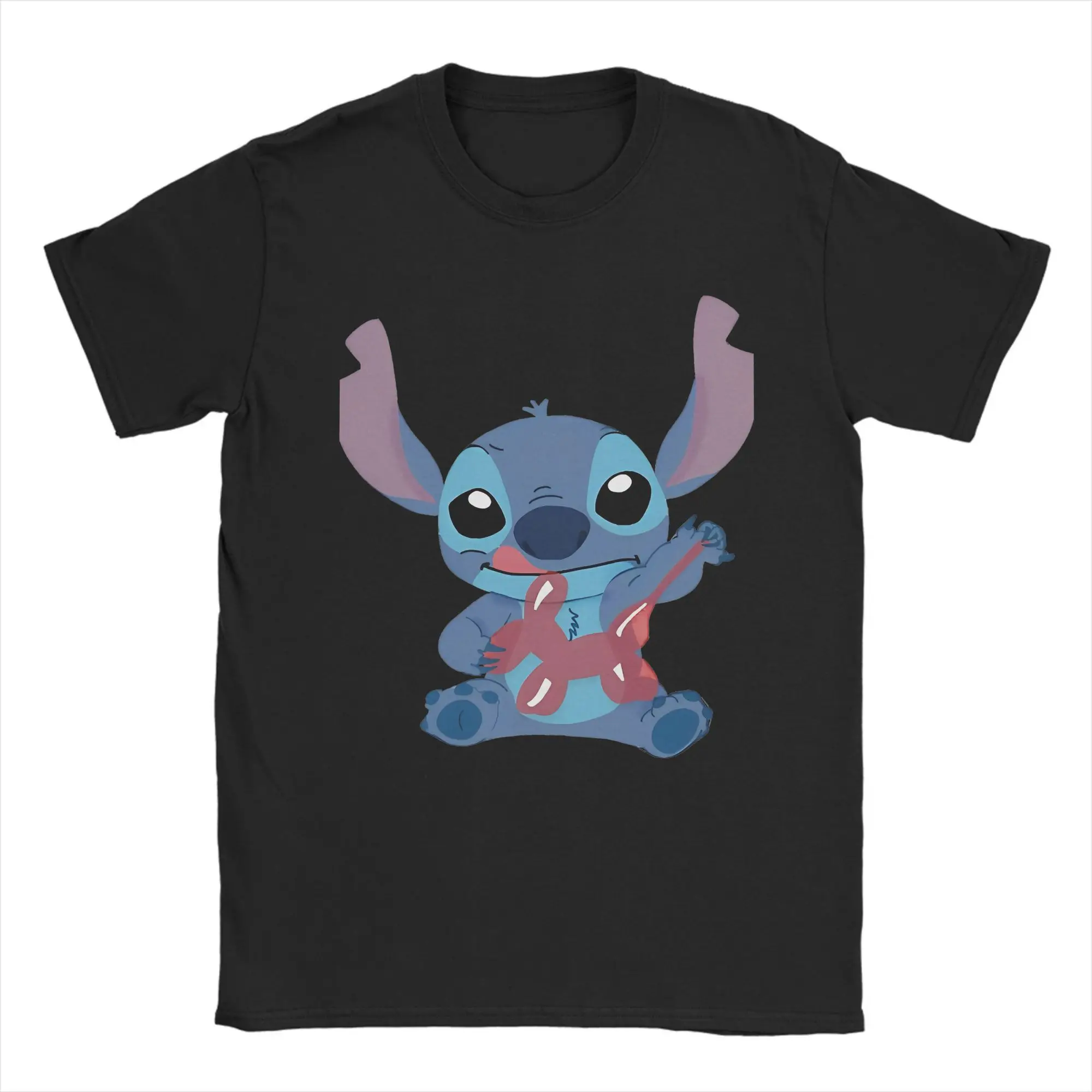 

stitch with balloon T-Shirts Men Humor Cotton Tees O Neck Short Sleeve T Shirt Graphic Clothing