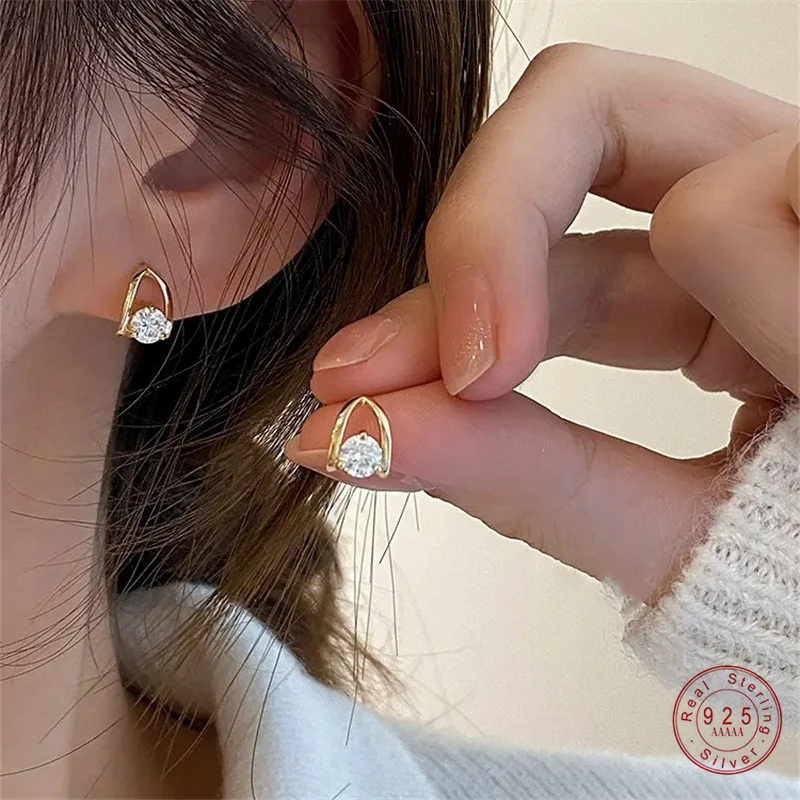 

925 Sterling Silver Plating 14K Gold Single Zircon Geometric Earrings for Women Simple Ear Studs Fashion Party Fine Jewelry