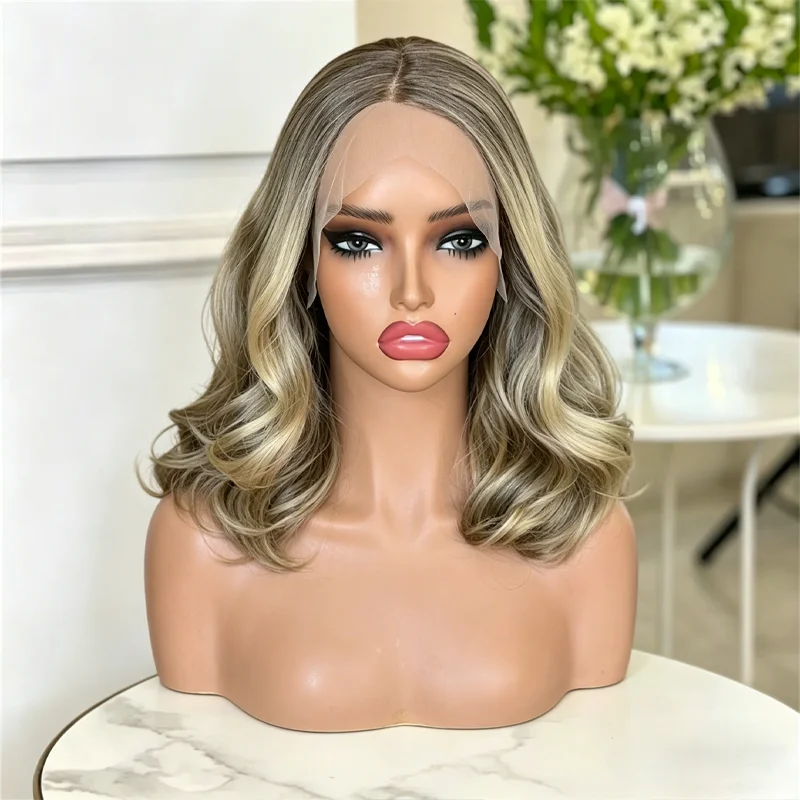 Ash Blonde Wig Lace Front 13x4 HD Synthetic Hair Glueless Natural Roots Loose Wave Short Bob Shoulder Wigs for Ladies Women