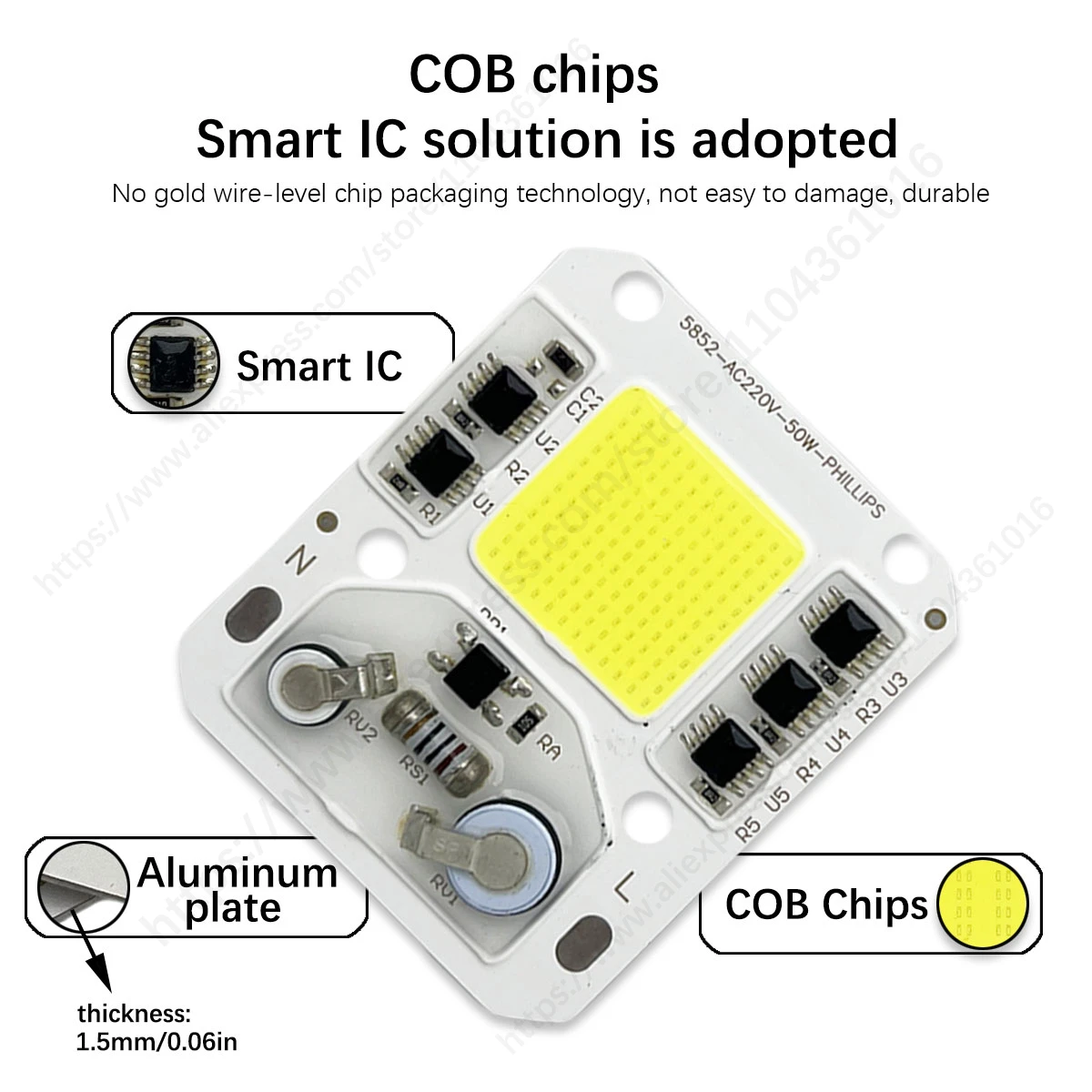 5PCS LED COB Chip Module 50W 220V High Voltage AC Drive Free Smart IC White or Warm Lamp Beads for DIY Floodlights