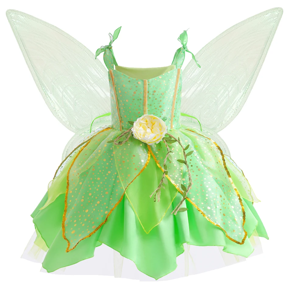 Girls Tinker Bell Dress With Wings Luxury Sequin Green Fairy Costume  Halloween Fantasy Cartoon Outfits Green Princess Dress - AliExpress
