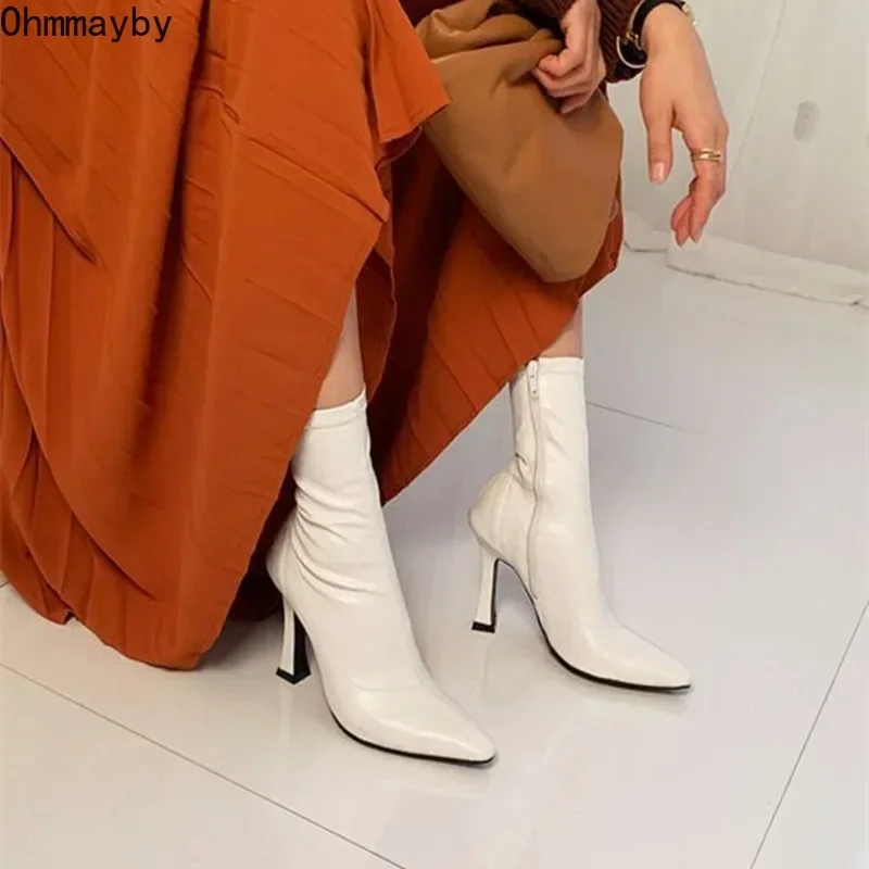 Black Women Ankle Boots Woman Thin High Heel Fashion Pointed Toe Zipper Winter Women\'s Shoes Leather White Short Booties