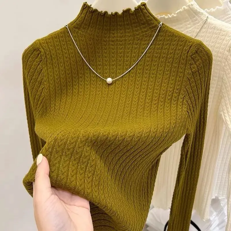 2025 Autumn Winter Turtleneck Ruffles Sweater Women Long Sleeve Knitted Simple Base Layer Pullovers Women Solid Casual Sweater