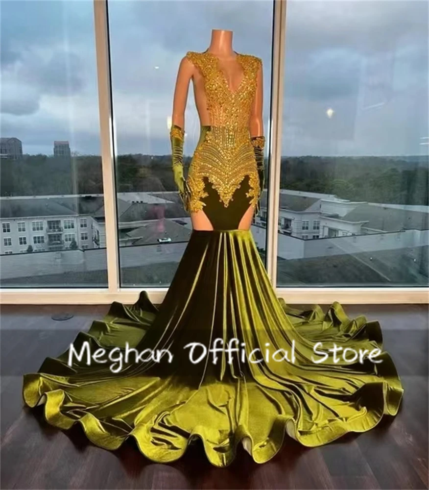 Avocado Green O Neck Long Prom Dresses For Black Girls Bead Crystal 2024 Birthday Luxury Dress Graduation Gown With Gloves