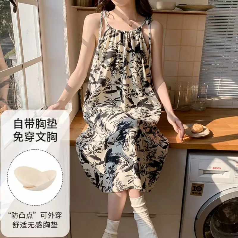 Small fresh pajamas with chest pads women's summer thin suspender cloud cotton casual loose dress loungewear outside