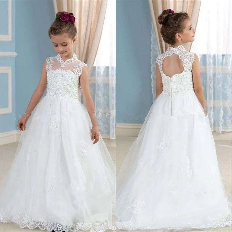 Flower Girl Dresses Tulle Beading Appliqued For First Communion Kids Prom with Train Birthday Party