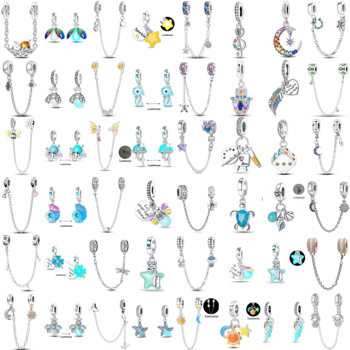 

2026 New 925 Sterling Silver Cat Eagle Bee Moon&Star Safety Chain Charm Pendant Fit Original Diy Bracelet Women's Jewelry