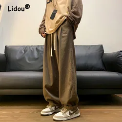 Vintage Fashion Pasting Cloth Men's Cargo Pants Classic Waist Drawcord Pocket Street Casual Straight Cylinder Loose Trousers