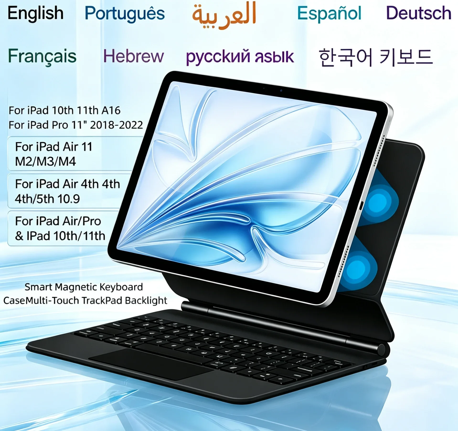 For iPad Keyboard Case Multi-Angle Stand Trackpad Backlit Magnetic Cover for iPad 10th 11th Gen A16 Study Work