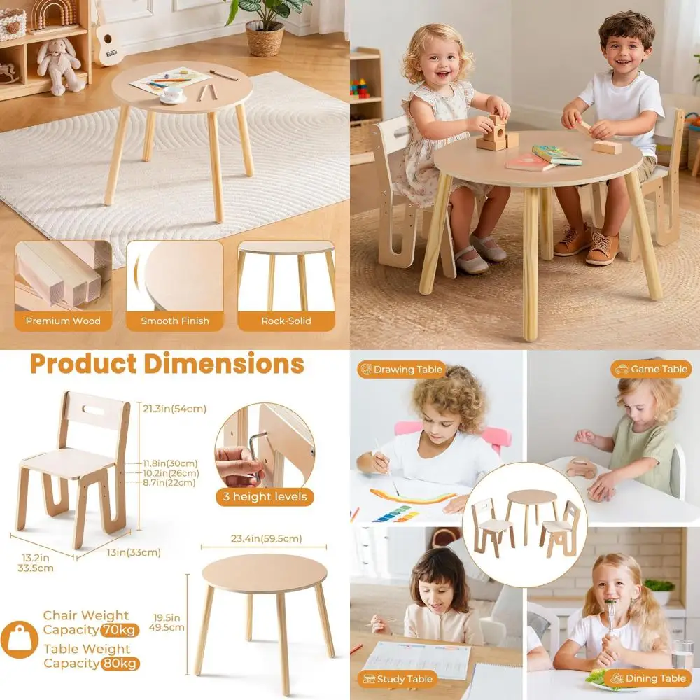 

Adjustable Height Wooden Toddler Table and Chairs Set, Round Desk for Kids 3+, Sturdy, Easy Clean, Ideal for Study and Play