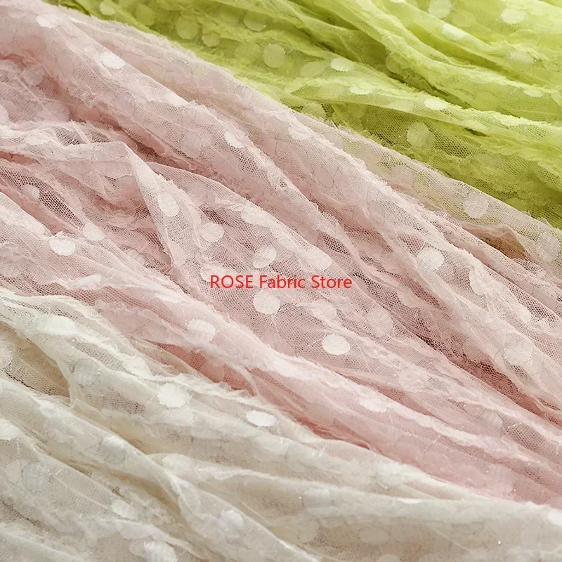 3D dots Flower Embroidery Lace Fabric Striped Jacquard mesh tulle for Summer Dress, Vocation Dress, Beach Dress