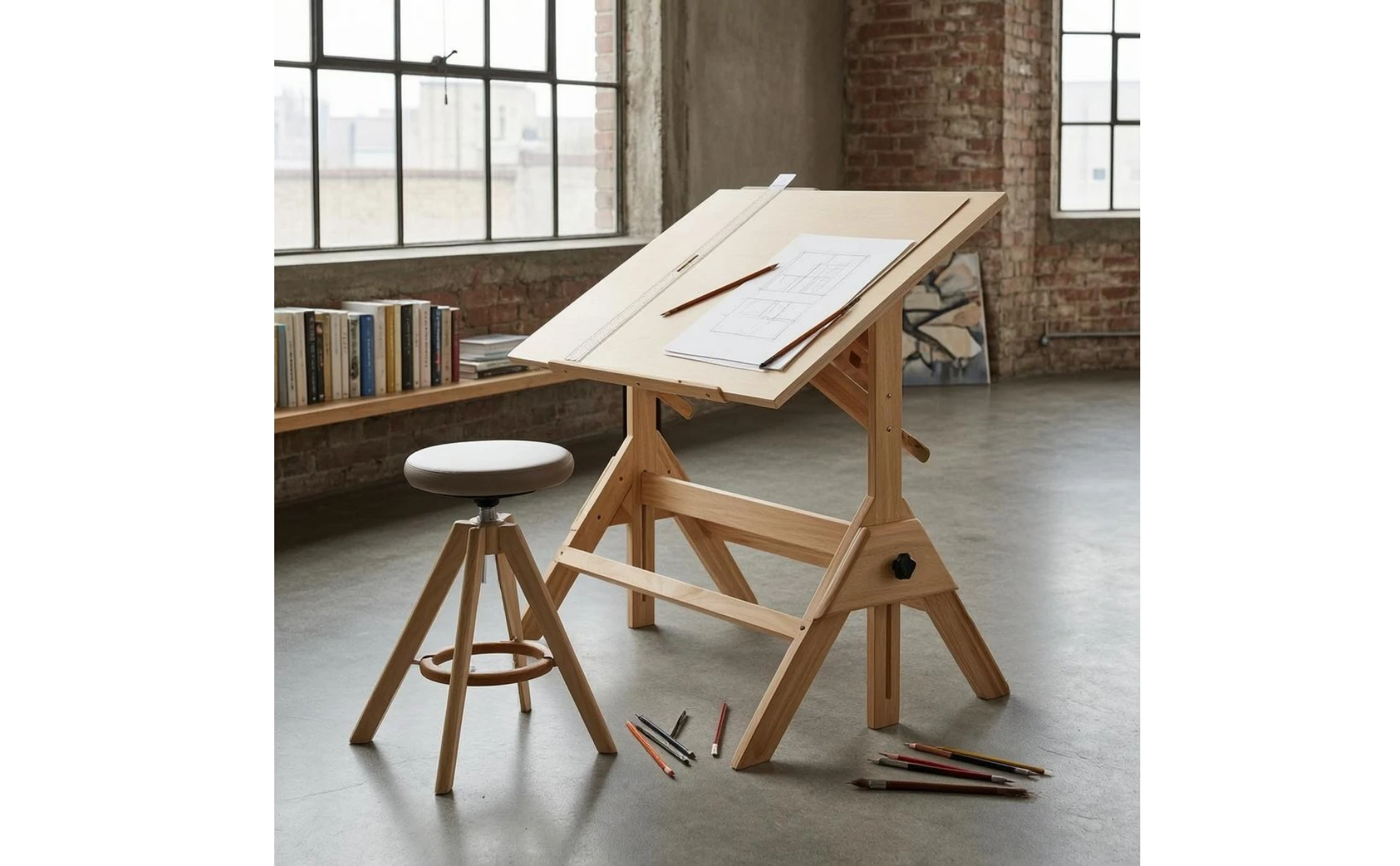 Adjustable Drafting Table L-Shaped Drafting Ruler Included Wooden Drafting Table Tilting Art Desk Built-in Ruler