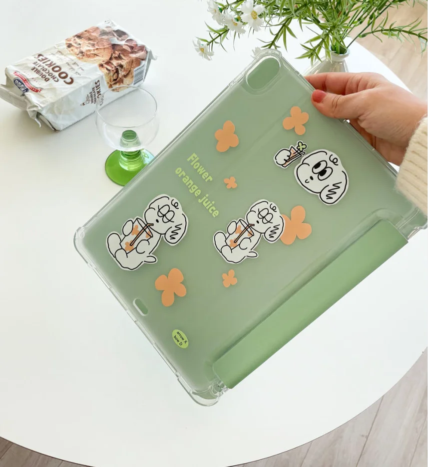 Korean Instagram Niche fresh design Cute cartoon and orange juice dog green holster for Tablet 2021iPad Case 2022/ case air5 Tab