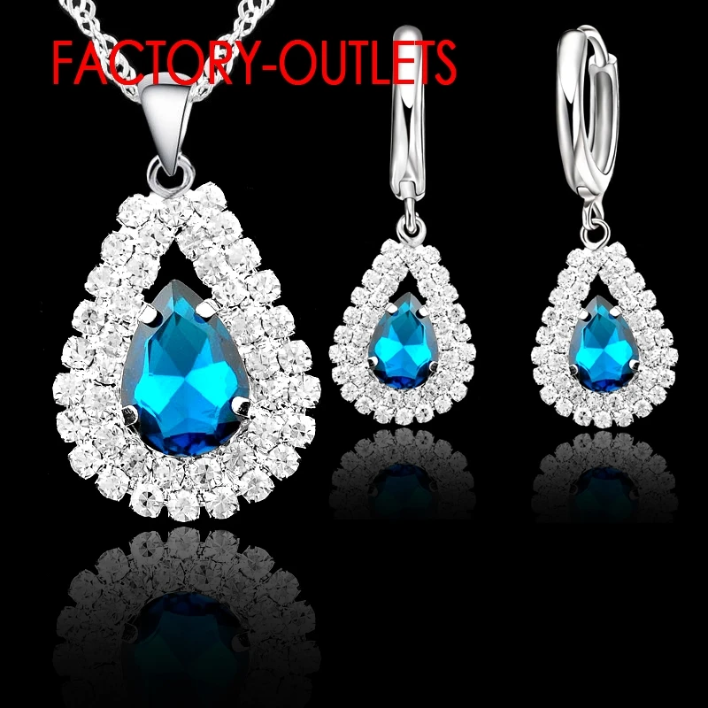 Hot Sale 925 Sterling Silver Bridal Jewelry Sets Austrian Crystal Water Drop Necklaces Hoop Earrings Women Party Engagement