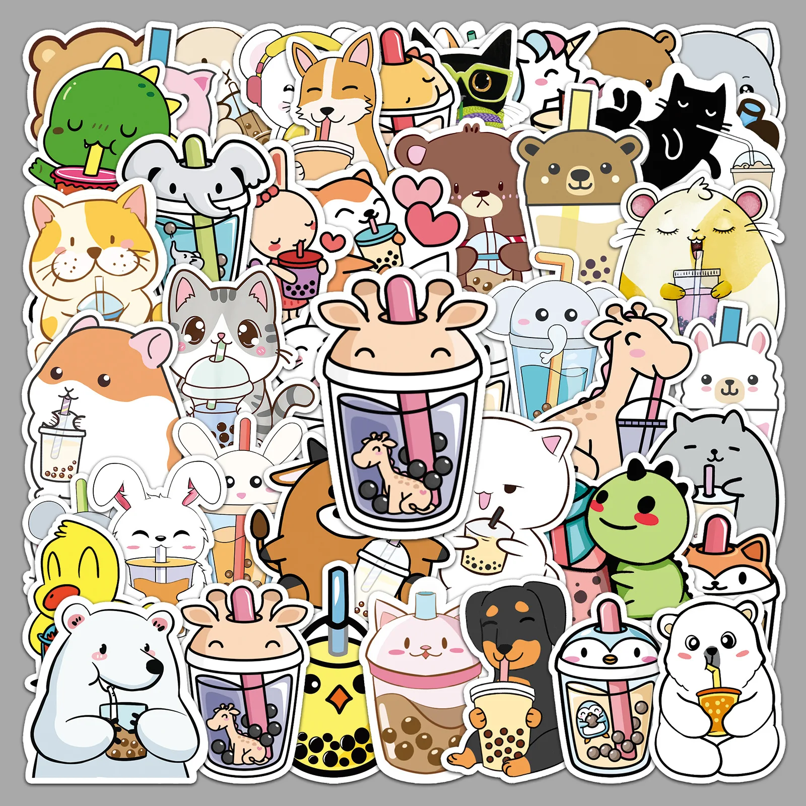 

50PCS Cute Boba Tea Animal Stickers Kawaii Cartoon Animals Drinking Bubble Tea Decorative Water Cup Waterproof Stickers Kids Toy