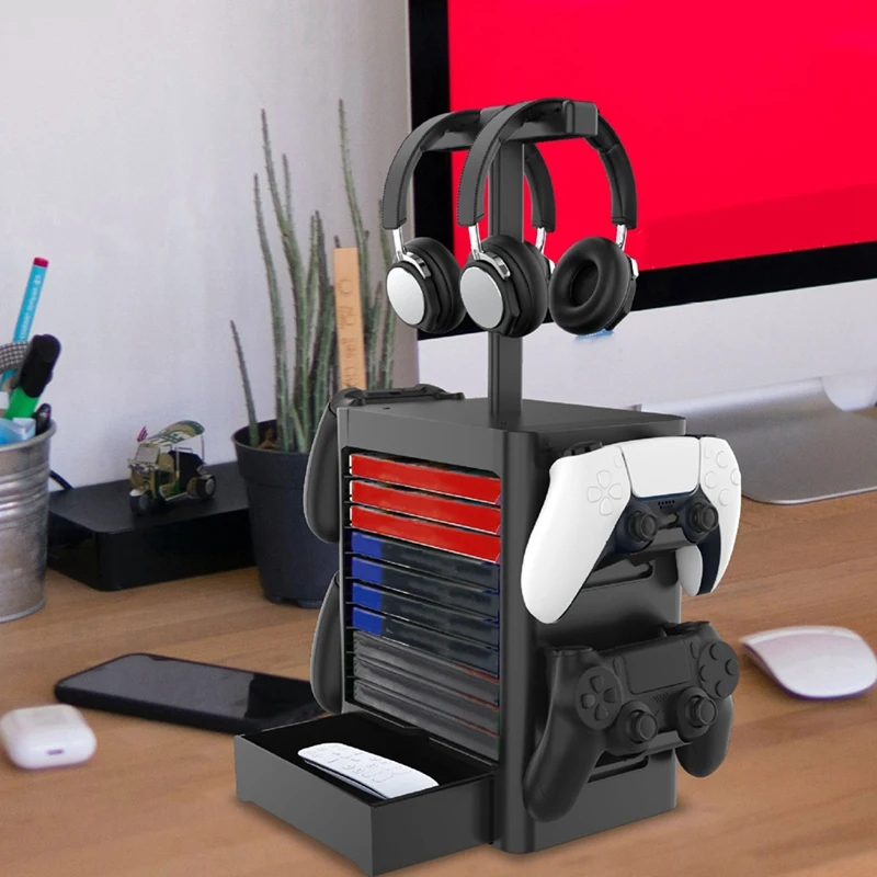 B04B-Supporto da gioco multifunzionale per Nintendo Switch PS5 / PS4 Supporto per cuffie con disco CD Rack di stoccaggio per la serie
