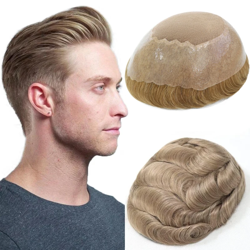 

Новые мужские парики: монобаза из полиуретана, мужской тупе из индийских натуральных волос Реми, 100% человеческий волос, коричневый мужской капиллярный протез, натуральный вид