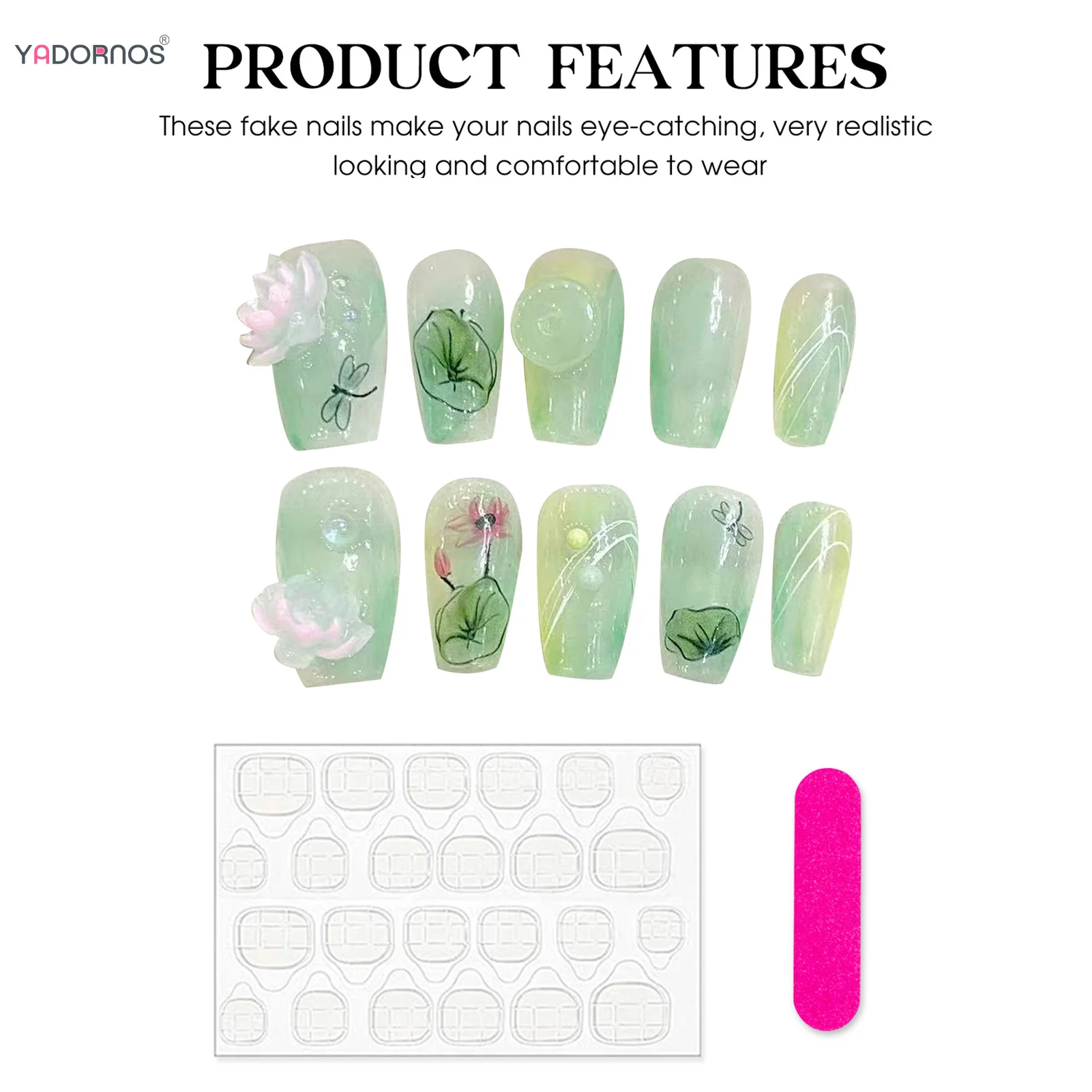 Uñas postizas de loto hechas a mano, 10 piezas, Color verde claro, diseños de libélula, uñas postizas de estilo chino para manicura DIY