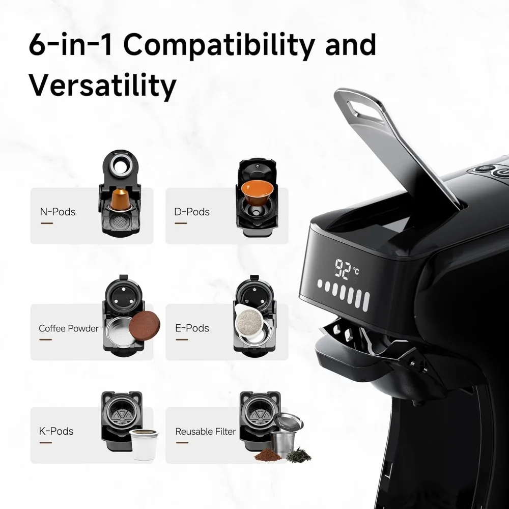 H1B 6-in-1 Pods Coffee Maker, 19 Bar Espresso Machine for Pods, Compatible with Kcup*/Nes