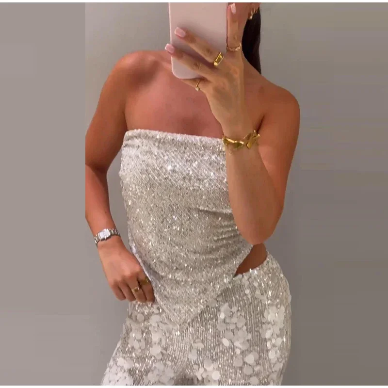 Pailletten-Zweiteiler für Damen, schulterfreies Tube-Top, mittelhohe Taille, gerade geschnittene Hose, sexy, modisches, passendes Outfit für Partys – Detail 2