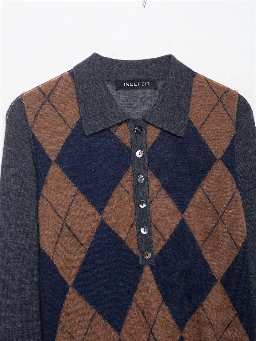 Damski sweter wkładany przez głowę, nowość na wiosnę/jesień 2025, damska codzienna moda, dzianinowa koszulka polo w romby.