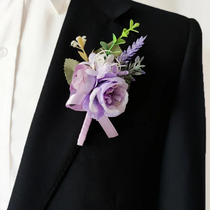 Púrpura novio Boutonniere boda ramillete Pins broche flores rosas artificiales padrino ojal flor accesorios de matrimonio D