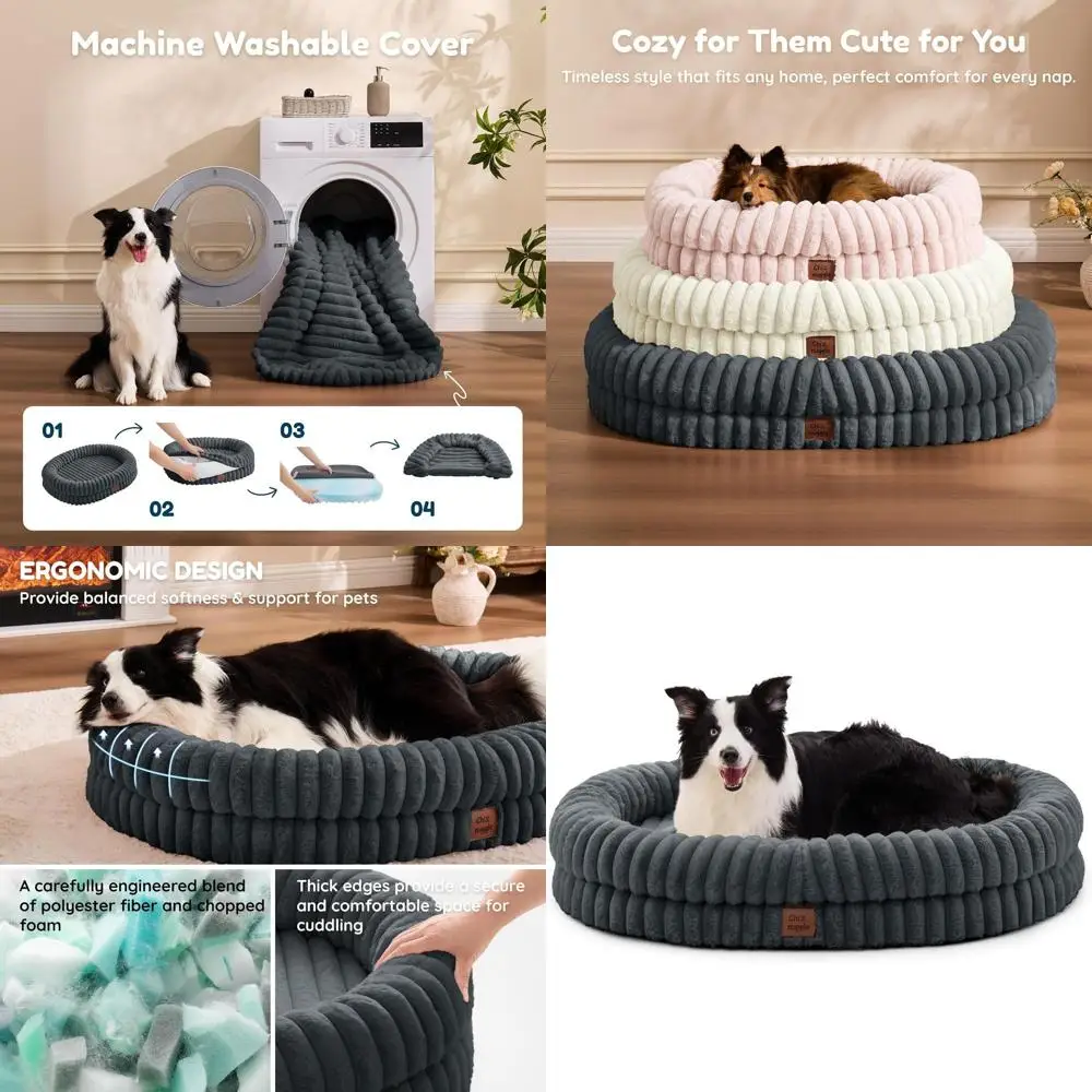 

Роскошная водонепроницаемая ортопедическая лежанка для собак в полоску со съемным моющимся чехлом и бортиками, серая