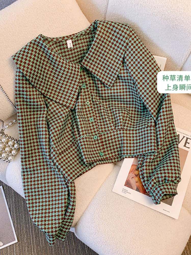 Vintage Plaid Long Sleeve Casual Shirts Office Women Peter Pan Collar New Straight Top Autumn 2024 Cozy Single Breasted Blouses