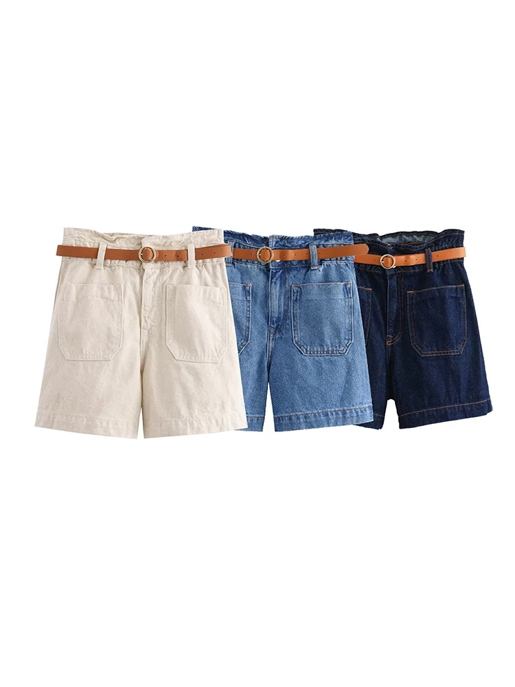 

Willshela Women Fashion With Belt Denim Solid Front Zipper Mini Shorts Vintage High Waist Female Chic Lady Shorts