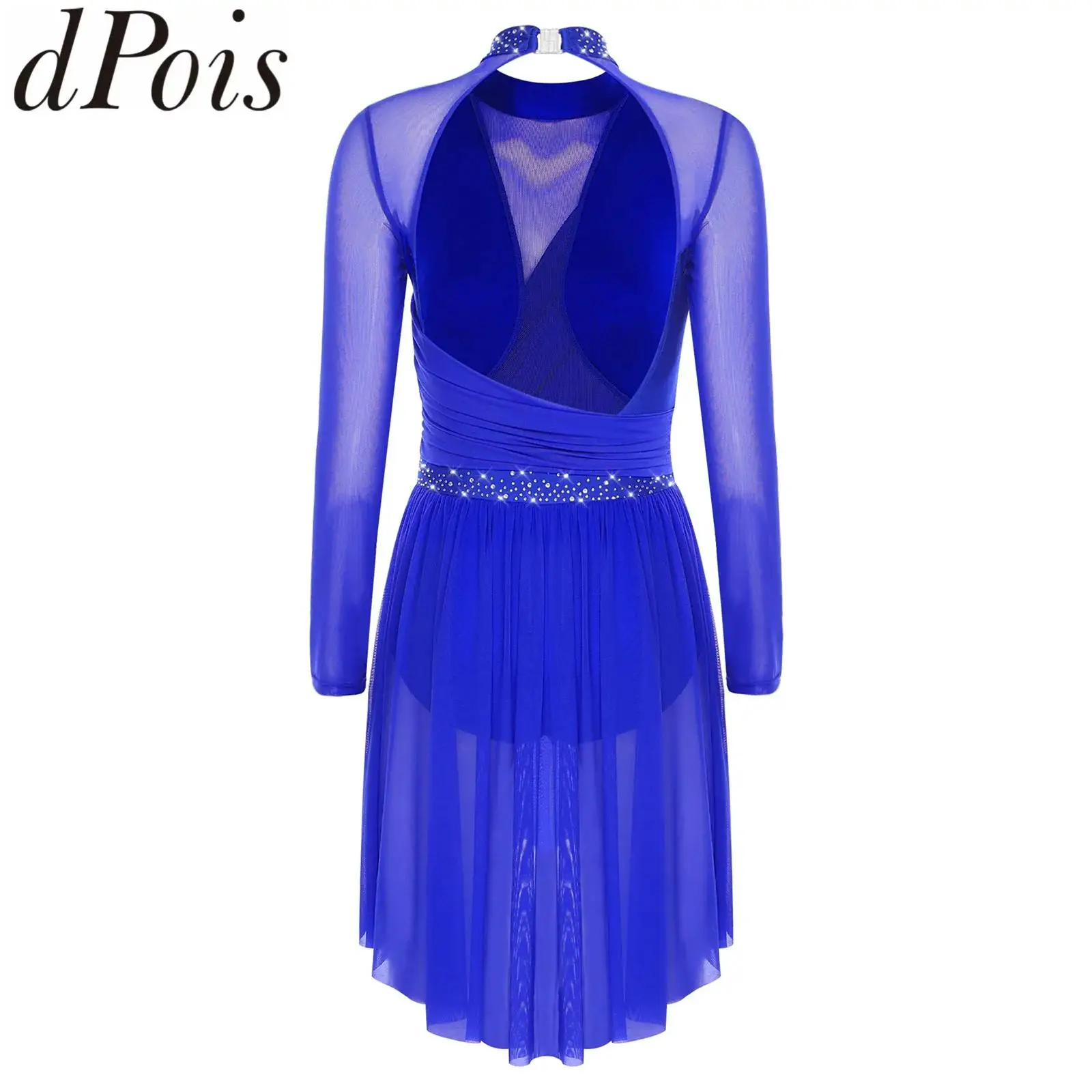 

Women Lyrical Contemporary Dance Figure Skating Dress Performance Costume Sheer Mesh Long Sleeve Ruched Leotard Ballet Dress