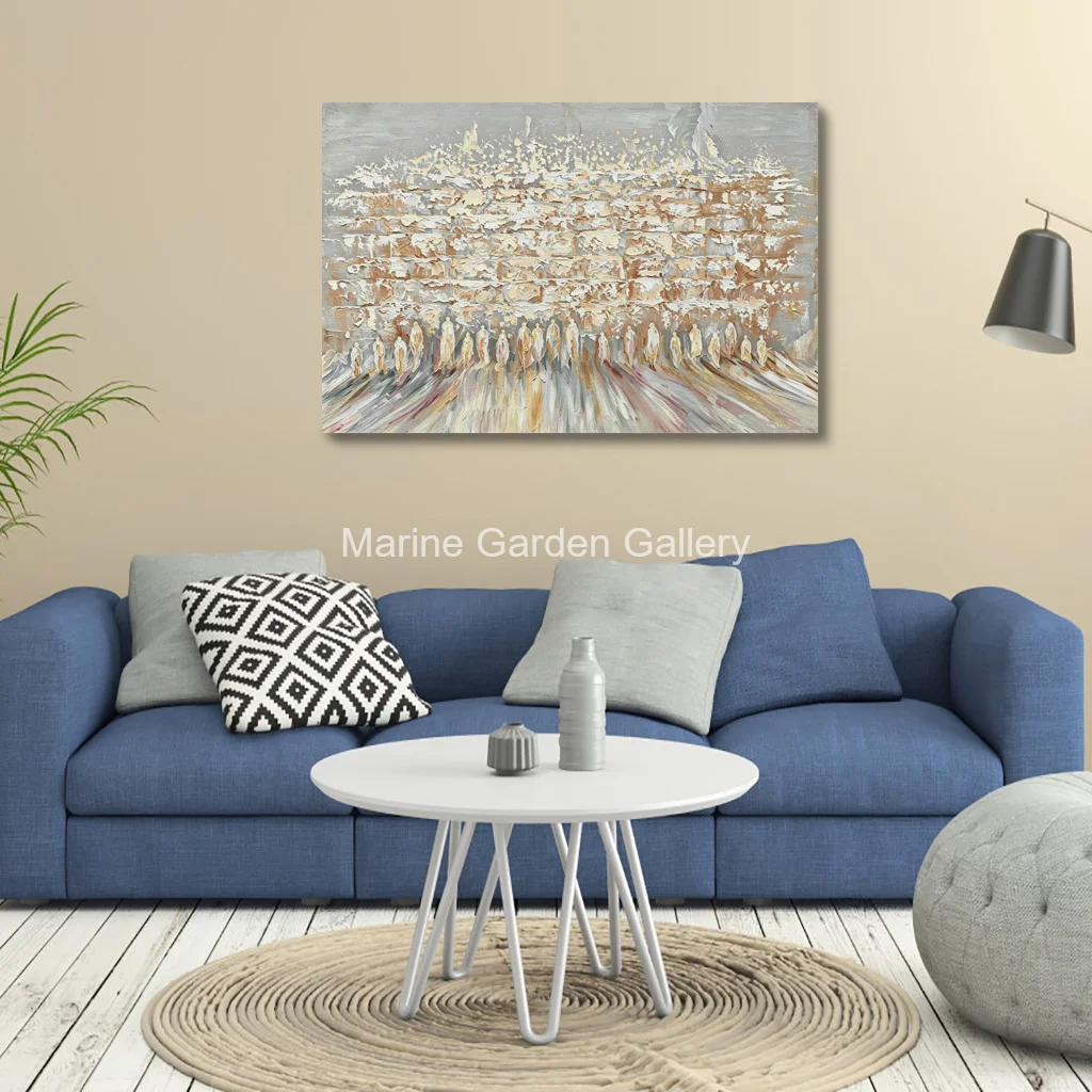 Hand Painted Abstract Gold Kotel Prayer Art Western Wall Oil Painting Textured Jerusalem Canvas Large Modern Jewish Home Decor