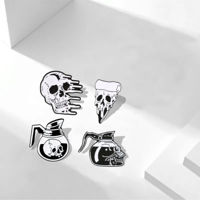 

Gothic Skeleton enamel pin Rose Skull Coffee Pot Pizza badge brooch Lapel pin Denim Jeans shirt bag Cool Jewelry Gift for friend