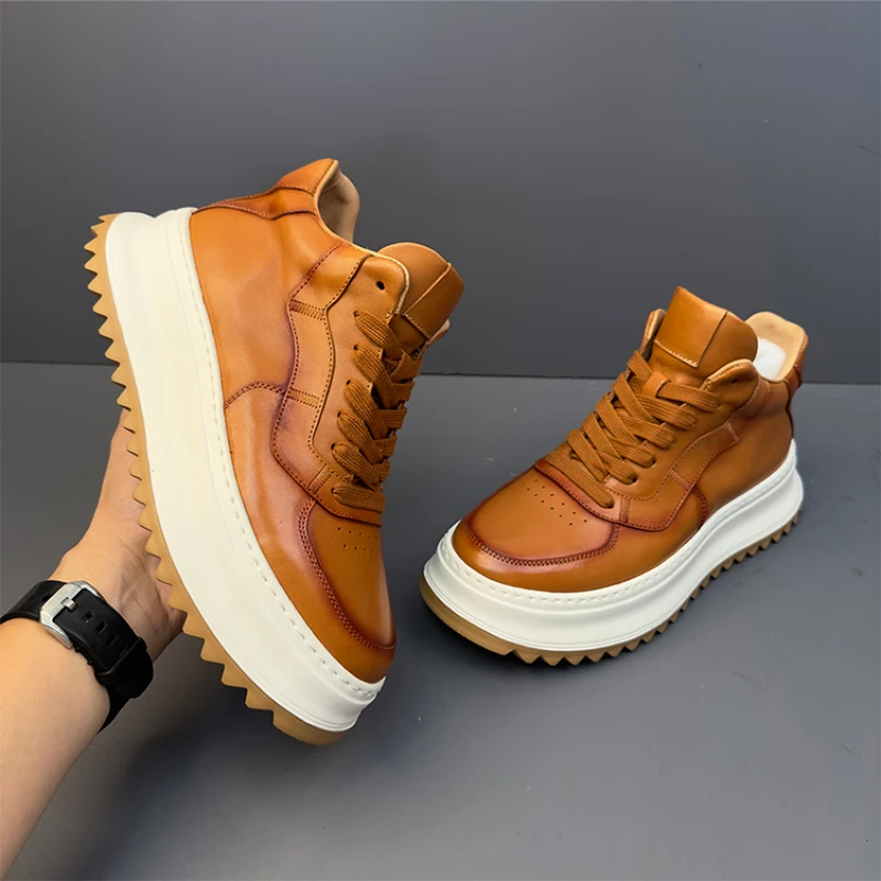 

Luxury Handmade Designer Men Casual Shoes Genuine Leather Sneakers for Male Thick Soled Lace Up Walking Shoes Zapatillas
