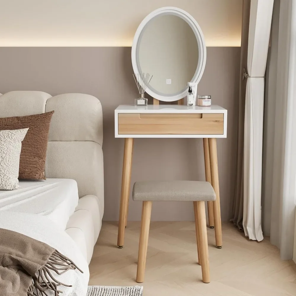 مكتب مكياج خشبي مقاس 24 بوصة مع مرآة وكرسي مضاء قابل للتعديل، مجموعة كاملة مع أدراج لخلع الملابس #6