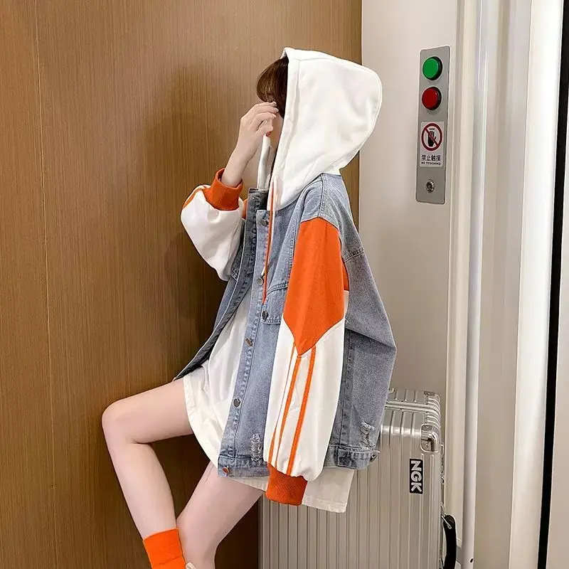 

Поддельные пальто из двух предметов, женская джинсовая лоскутная куртка с капюшоном, дизайнерские нишевые толстовки на молнии, новинка 2025 года, свободный кардиган, толстовка