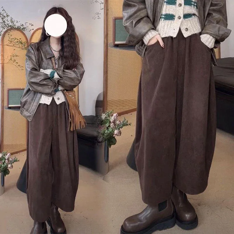 ฤดูใบไม้ร่วงฤดูหนาว Vintage สีทึบเอว Harem สุภาพสตรีแฟชั่นเรียบง่ายกระเป๋าหลวมสูงเอว Bloomers กางเกงผู้หญิง