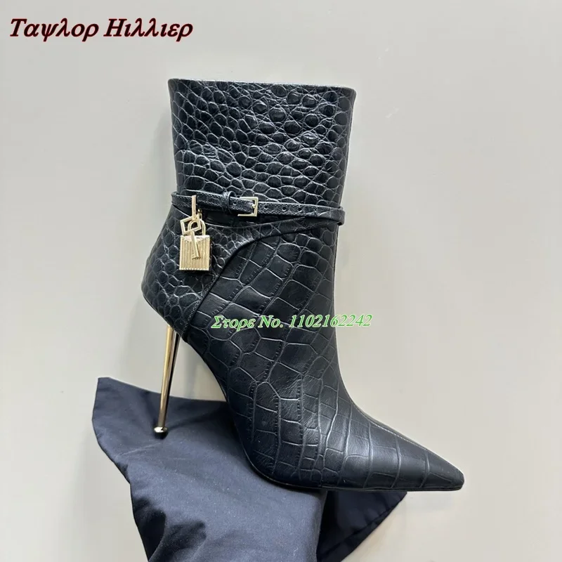 Metal Lock Short Boots For Women Autumn New Style Crocodile Leather Genuine Leather Pointed Side Zipper Ankle Boots Winter 45