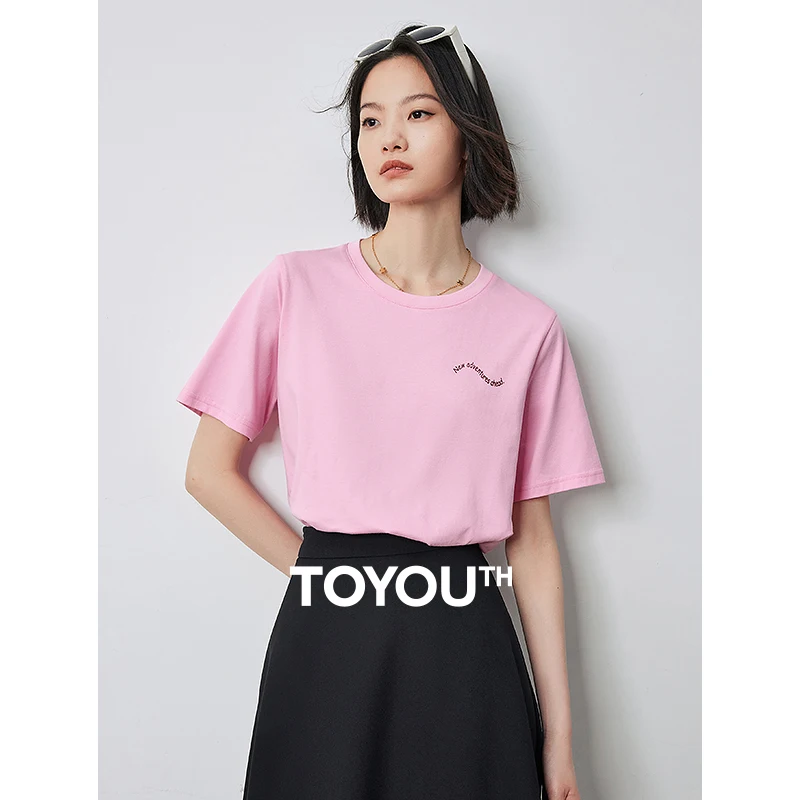 TOYOUTH Women Pure Cotton Short Sleeved T-Shirt 2024 Summer New Versatile Top