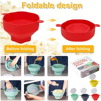 Silikonowa miska na popcorn Składana miska na popcorn z pokrywką Składane narzędzie kuchenne do popcornu w kuchence mikrofalowej z pudełkiem Łatwe przechowywanie