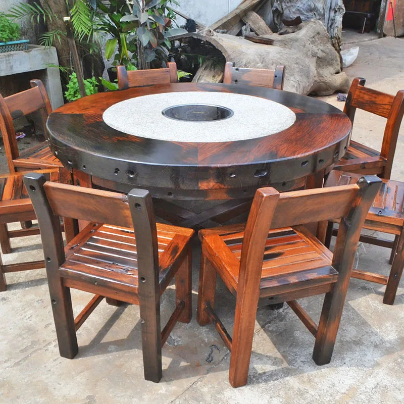 #Wood Hot Pot Table Solid Wood Commercial Dining Table With Induction Cooker Retro & Artistic Design